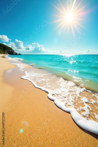 Golden sand sparkles under a vibrant summer sun, clear turquoise water laps gently at the shore, creating a picturesque beach scene perfect for relaxation and escape , scenic, vacation, heat