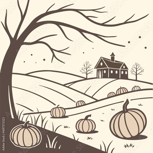 Rustic Autumn Farm with Pumpkins Vector