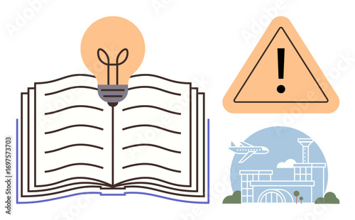 Open book with glowing lightbulb above, triangular warning sign with exclamation, and airport with airplane. Ideal for education, innovation, travel, caution, guidance safety exploration. Simple