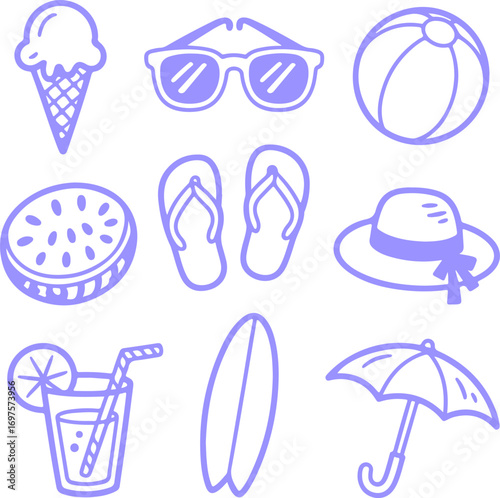 Summer vacation and beach accessories doodles for design and travel