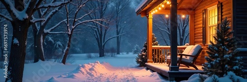 Cozy winter porch scene with snow falling softly, warm lighting from inside, inviting atmosphere, perfect for relaxation , serene, fire, new year