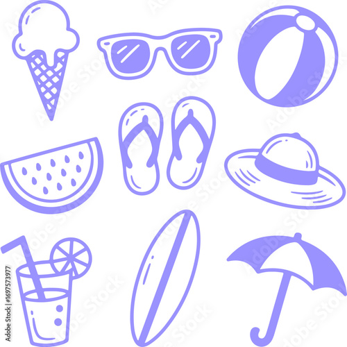 Summer fun Collection of Hand-Drawn Beach Essentials and Refreshments in Purple