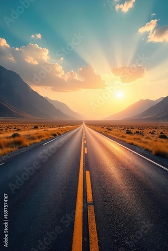 Endless asphalt ribbon vanishing into a hazy, sun-drenched horizon, promising adventure and open road freedom Perfect for travel, vacation, and wanderlust themes , sunrise, highway