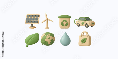 Print  3D Environment & Sustainability Icon Set** – Solar panel, wind turbine, recycle bin, electric car, eco leaf, globe with green arrow, water drop, reusable bag – clean eco-friendly 3D design with