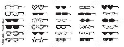 Thug glasses. Cool glasses graffiti grunge black sunglasses set, brush scribble hand drawn doodle elements