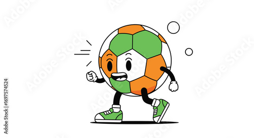 Joyful soccer ball character runs energetically, inspiring sports and active lifestyle themes