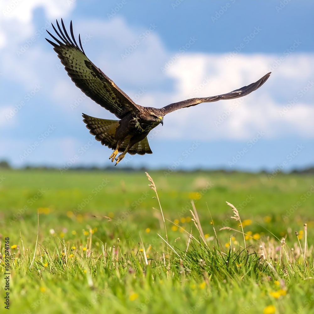 Fototapeta premium Hawk soaring over grassy field
