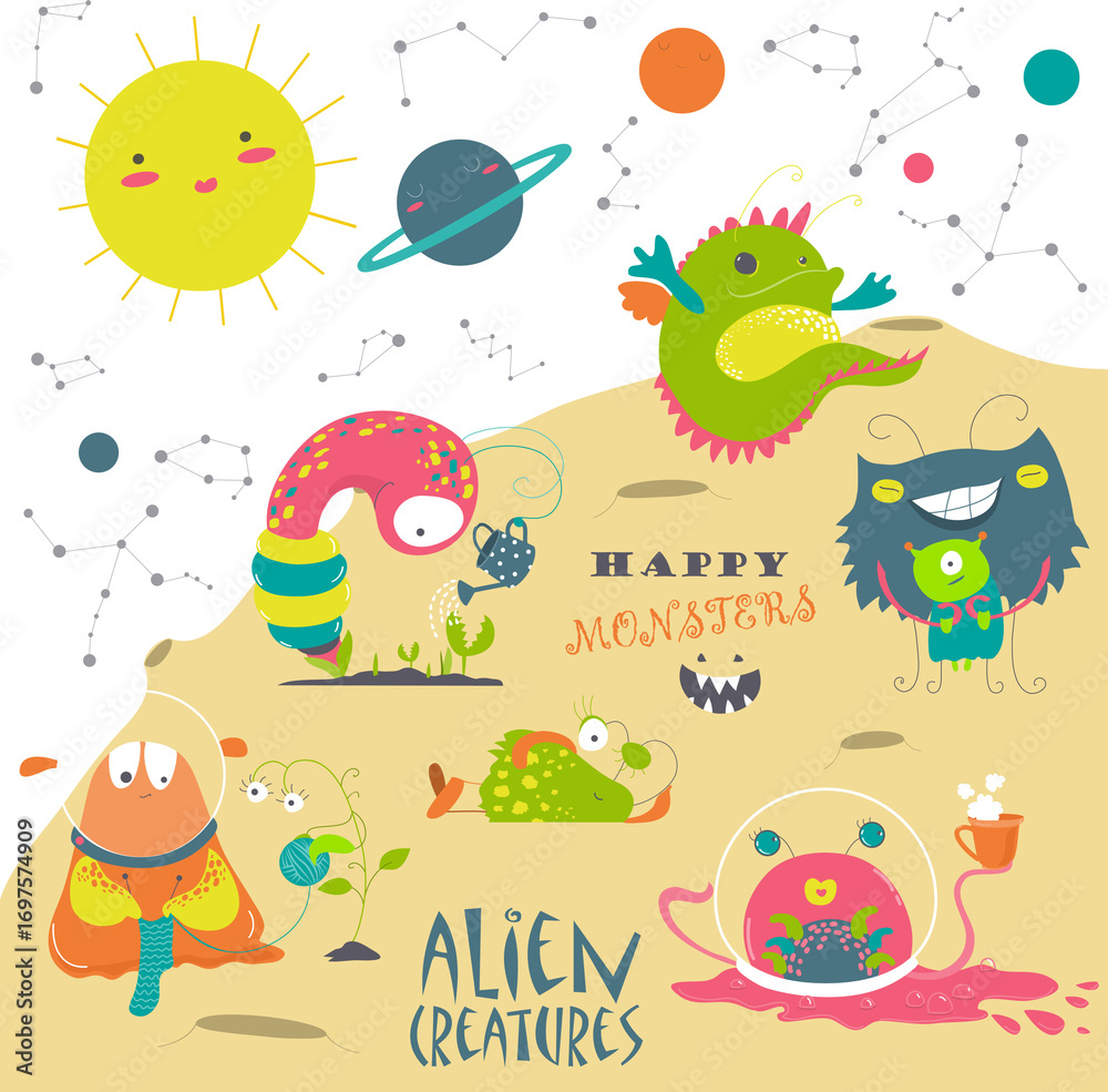 Fototapeta premium Vector set of cute cartoon alien and space