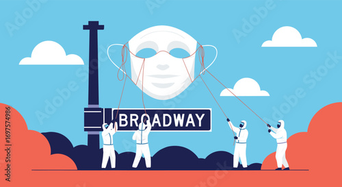 Hazmat heroes place giant face mask over iconic broadway sign symbolizing pandemic impact