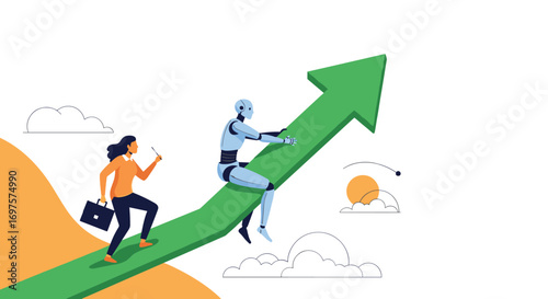 Robot and businesswoman climb green arrow symbolizing future growth and innovation in business