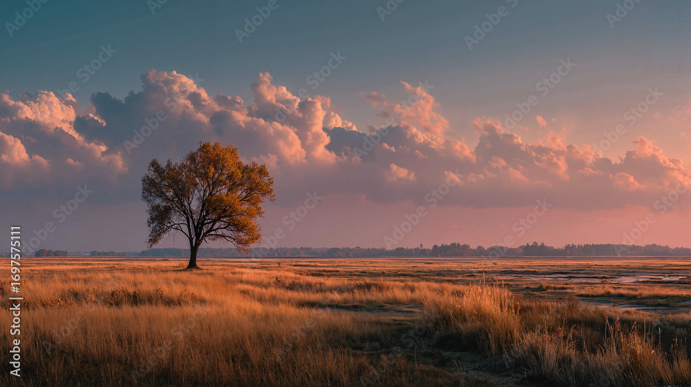 Fototapeta premium Tree in autumn field landscape with dramatic clouds realistic photo for education poster