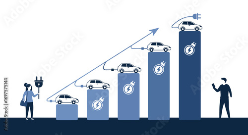Electric vehicle market growth illustrated with ascending bar chart and charging cars