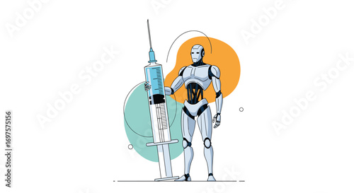 Advanced robot holds giant syringe symbolizing futuristic healthcare innovations and medical breakthroughs