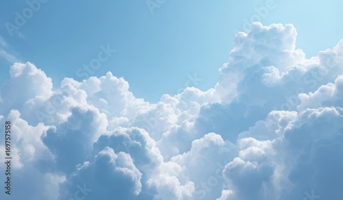 Fluffy, white cumulus clouds billow against a clear, bright blue sky, filling most of the frame with layers of soft, ethereal cloud formations