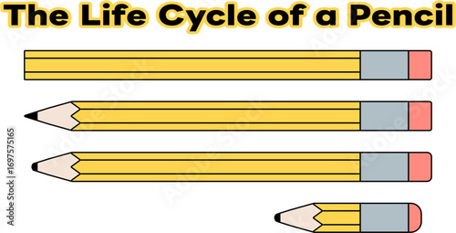 The Life Cycle of a Pencil Vector Set｜From New to Short Pencil Stages - 鉛筆の一生 イエロー版 - Perfect for education, infographics, school materials, and stationery designs.