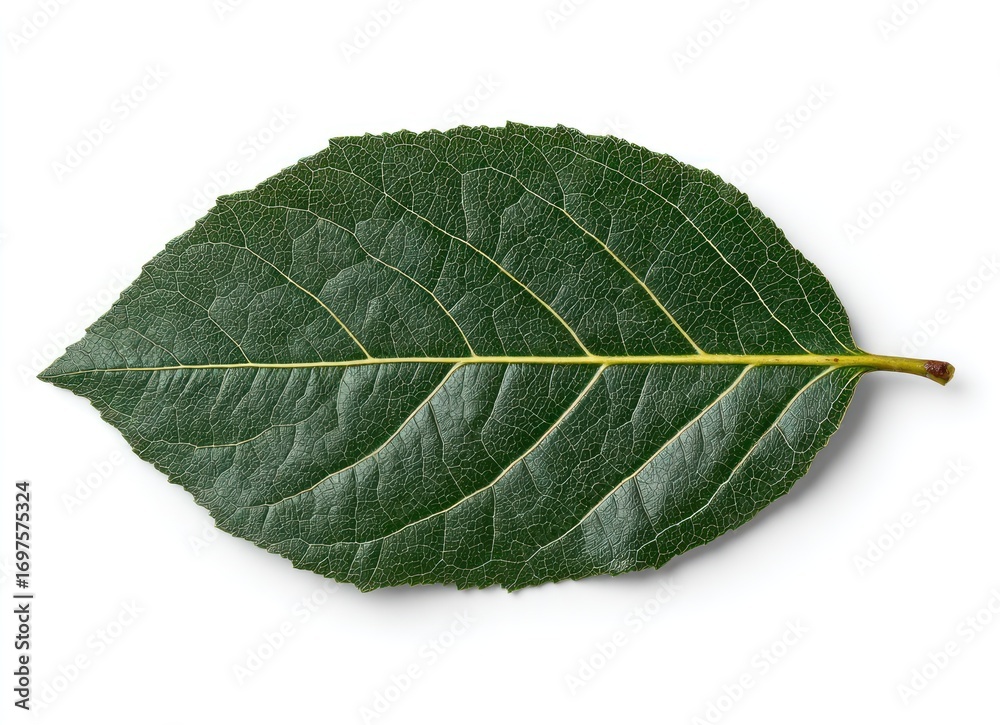 Obraz premium A close-up shows a single, slightly textured, dark green leaf with yellow veins against a white background, casting a gentle shadow