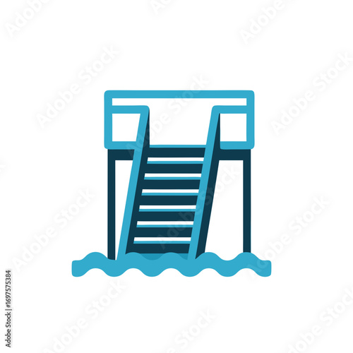 a blue illustration of a pier with stairs leading into the ocean water on a white background