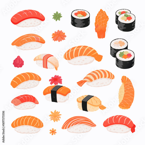 A colorful assortment of various sushi pieces and rolls on a white background
