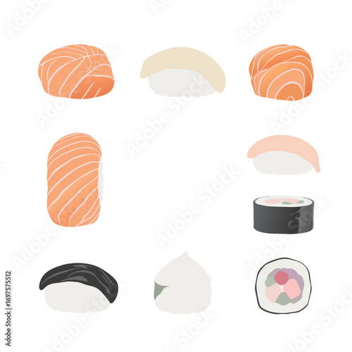 a variety of sushi and sashimi pieces arranged on a white background for food and cuisine concepts
