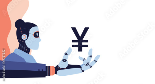 Robot hand holding yen symbol symbolizing financial technology innovation and global economy