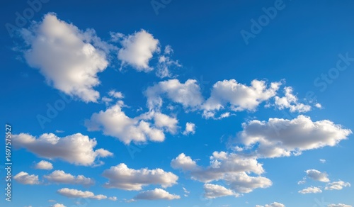 A serene view showcasing white, fluffy clouds floating against a brilliant blue sky, creating a dreamy and expansive atmosphere