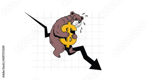 Worried bear in mask clutches dollar symbol on falling stock chart, symbolizing economic downturn