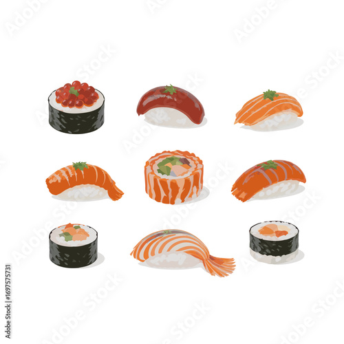 A variety of sushi rolls and sashimi pieces arranged on a white background for food and culinary concepts