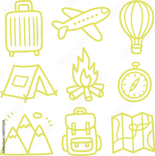 Hand drawn set of travel and camping icons for outdoor adventure exploration