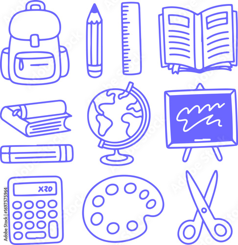 Back to school collection of essential educational elements depicted in a simple doodle style