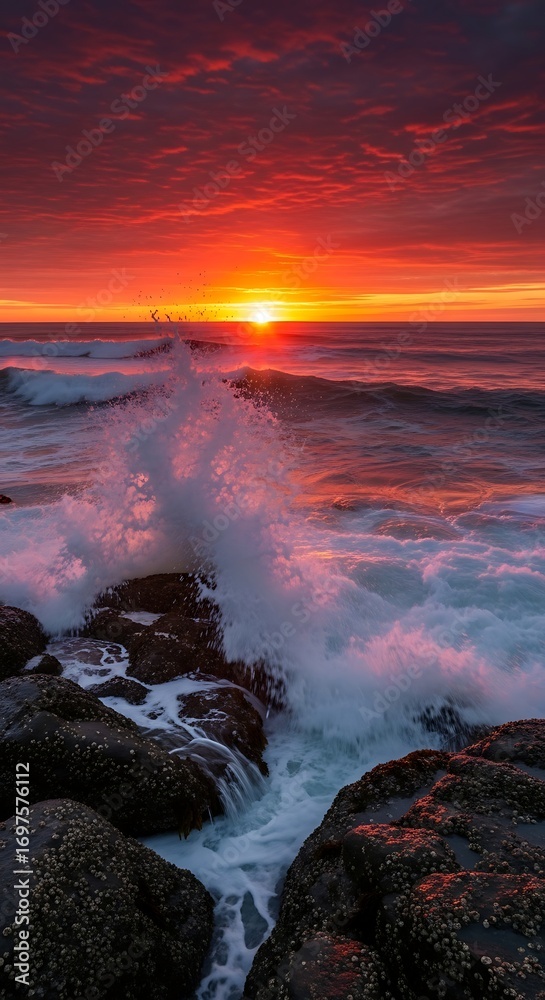 Fototapeta premium Experience a vibrant ocean sunrise as waves crash against rugged rocks, casting a warm, golden glow across the horizon and filling the sky with fiery hues