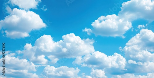 Expansive blue sky filled with fluffy, white clouds creates a peaceful and airy atmosphere. A bright, sunny day provides the backdrop