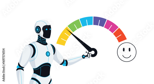 Advanced robot measures customer satisfaction with colorful gauge and happy face indicator
