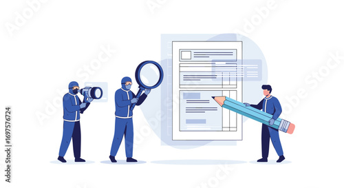 Team meticulously analyzes data and drafts important document with magnifying glass and large pencil