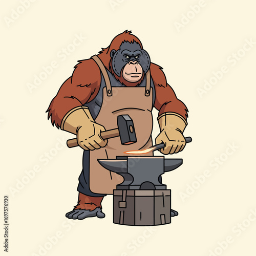 Cartoon orangutan blacksmith hammering glowing metal on an anvil wearing an apron and gloves.