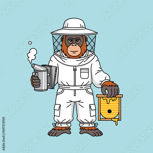 Cartoon orangutan beekeeper in white suit holding a smoking bee smoker and a small beehive.