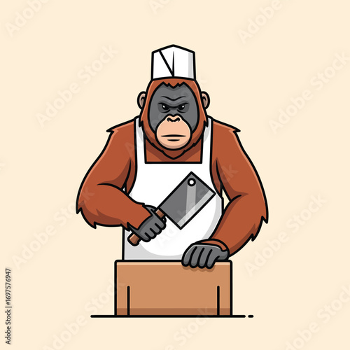 Cartoon orangutan butcher wearing chefs hat and apron holding a sharp meat cleaver with a serious expression.