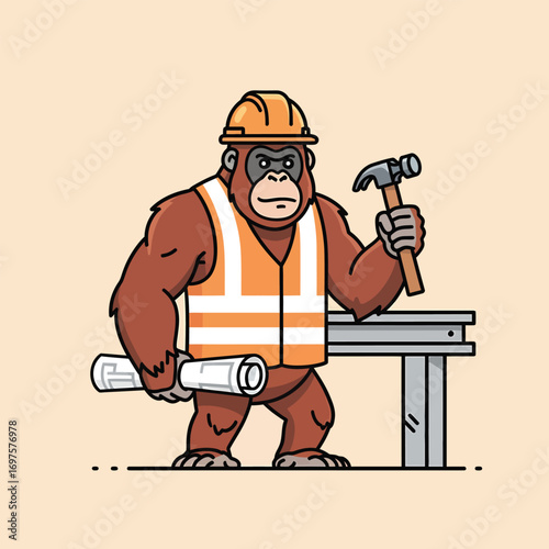 Cartoon orangutan construction worker wearing hard hat and safety vest holding hammer and blueprints.