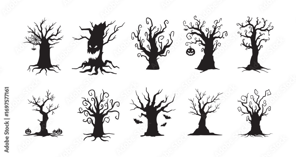 Halloween hand drawn spooky tree doodle silhouette set. Creepy trees