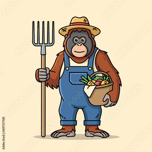 Cartoon Orangutan Farmer in Overalls and Straw Hat Holding Pitchfork and Vegetable Basket.