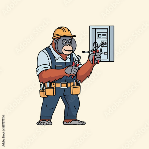 Illustrated orangutan electrician in hard hat and overalls holding pliers and wire strippers working on a panel.