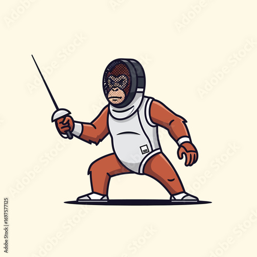 Cartoon orangutan fencer in white uniform and dark mask holding a foil in a ready stance.