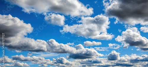 Fluffy white clouds punctuate a bright blue sky in this expansive, serene vista, creating a painterly effect