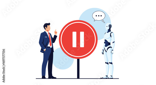 Businessman and robot discuss pause in development, symbolizing interruption or decision point