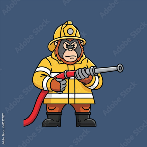 Cartoon orangutan firefighter in yellow gear holding a red hose nozzle.