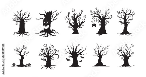 Halloween hand drawn spooky tree doodle silhouette set. Creepy trees 