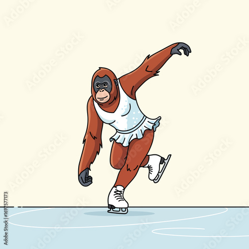 Animated orangutan ice skater gracefully glides in a white dress and skates.