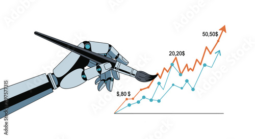 Robot hand paints upward financial trend graph illustrating business growth and investment success