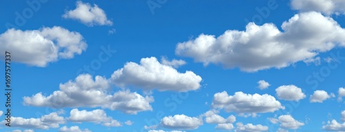 A bright blue sky filled with fluffy white cumulus clouds scattered across the horizon, creating a tranquil and airy atmosphere