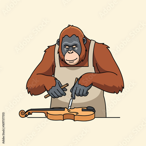 Illustration of an orangutan in an apron carefully carving a violin with tools
