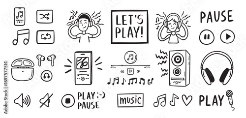 Audio music listening concept sound doodle hand drawn icon Set. Headphones interface buttons musical notes